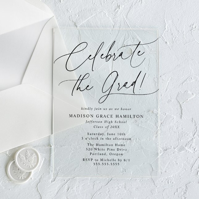Invitations En Acrylique Élégant Célébrer le diplômé écriture noire Graduat (Créateur téléchargé)