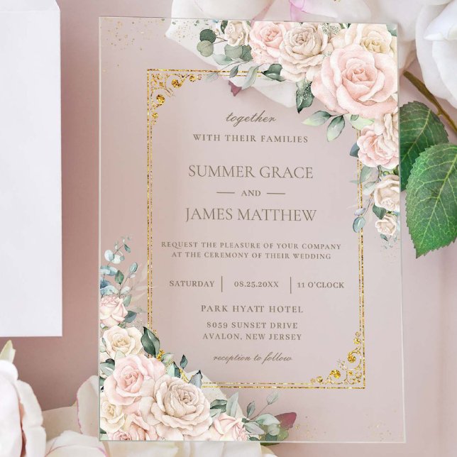 Invitations En Acrylique Élégant Champagne Blush ivoire Floral Mariage (Créateur téléchargé)