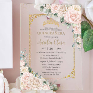 Invitations En Acrylique Elégant Champagne Blush ivoire Floral Quinceañera