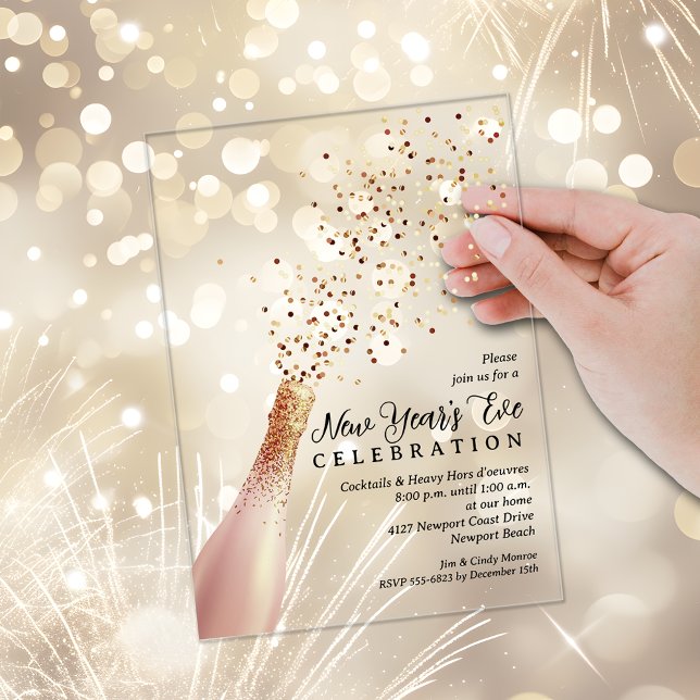 Invitations En Acrylique Elegant Champagne New Year's Eve (Elegant Champagne bottle and sequin spray New Year's Eve ACRYLIC party invitations, CLEAR or FROSTED)