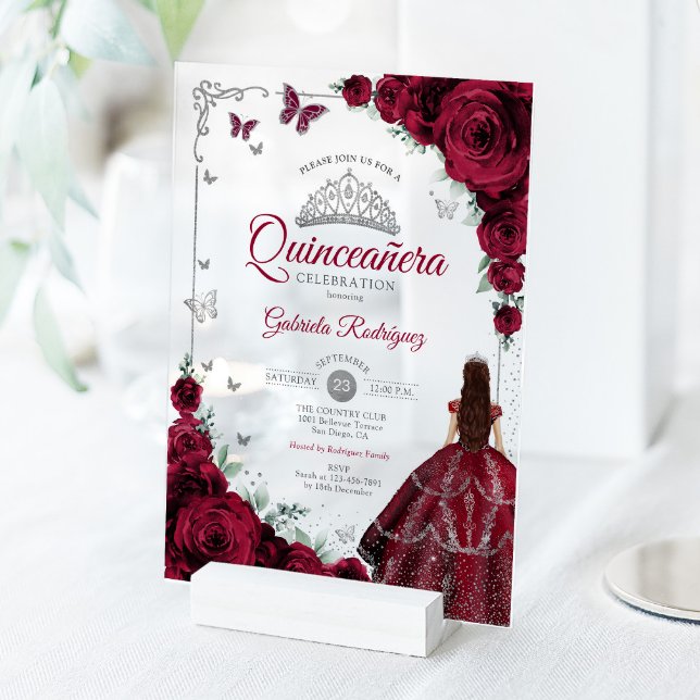 Invitations En Acrylique Elegant Chic Burgundy Roses Silver Quinceanera  (Créateur téléchargé)