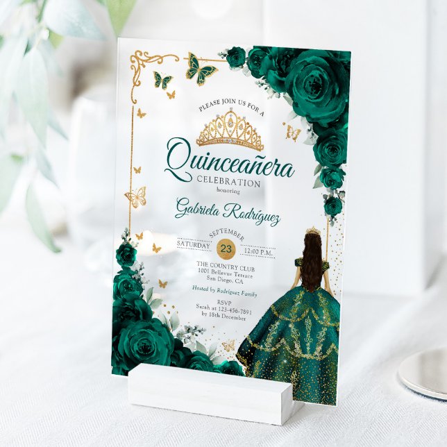 Invitations En Acrylique Elegant Chic Emerald Green Roses Gold Quinceanera  (Créateur téléchargé)