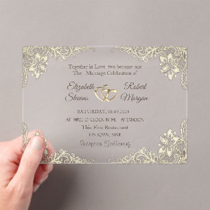 Invitations En Acrylique Élégant Chic Gold Hearts Mariage dentelle