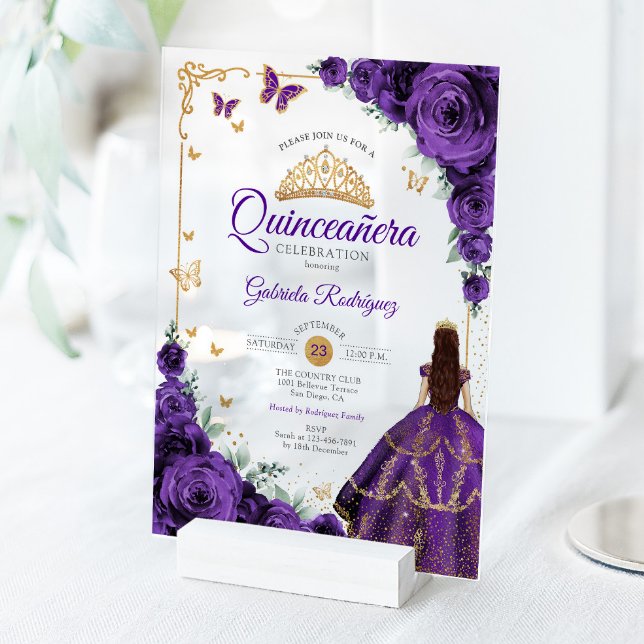 Invitations En Acrylique Elegant Chic Purple Roses Gold Quinceanera  (Créateur téléchargé)