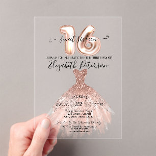 Invitations En Acrylique Élégant Chic Rose Gold Robe Confetti Sweet 16