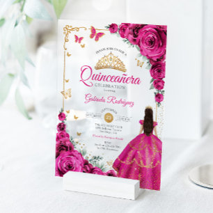 Invitations En Acrylique Élégant Chic Roses Fuchsia Rose Quinceanera Or
