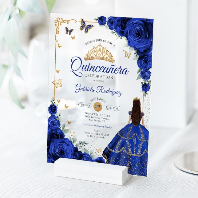 Invitations En Acrylique Elegant Chic Royal Blue Roses Gold Quinceanera  (Créateur téléchargé)