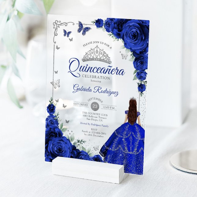 Invitations En Acrylique Elegant Chic Royal Blue Roses Silver Quinceanera  (Créateur téléchargé)