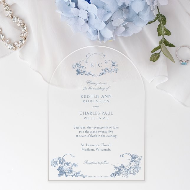 Invitations En Acrylique Élégant classique Dusty Bleu Français Floral (Créateur téléchargé)