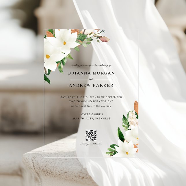 Invitations En Acrylique Élégant Code QR Floral Magnolia Mariage (Elegant Floral Magnolia QR Code Wedding Acrylic Invitations)
