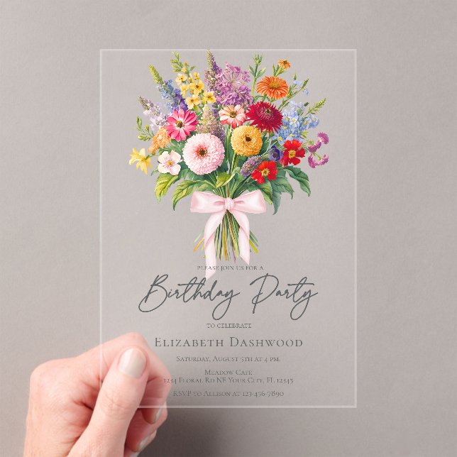 Invitations En Acrylique Elegant Colorful Garden Flowers Bouquet Birthday (In situ (ordinateur de poche))