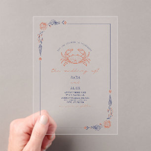 Invitations En Acrylique Elégant crabe de mariage rustique rouge et bleu pl