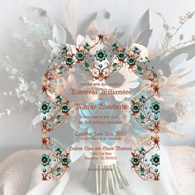 Invitations En Acrylique Elégant cuivre et cercle floral turquoise (Créateur téléchargé)