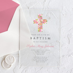 Invitations En Acrylique Élégant culte rose floral croix Baptême