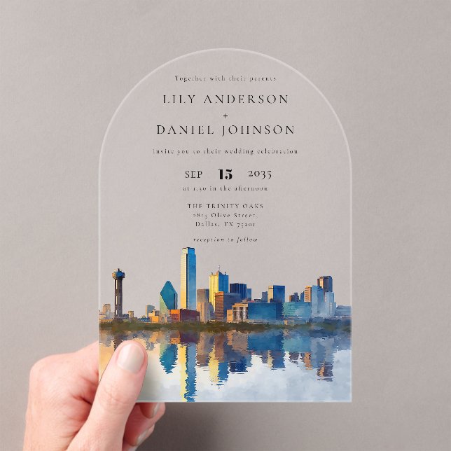 Invitations En Acrylique Elegant Dallas Skyline Watercolor Wedding Arch (In situ (ordinateur de poche))