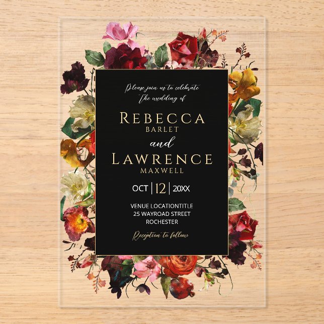 Invitations En Acrylique Elegant dark moody flowers black wedding (Recto)