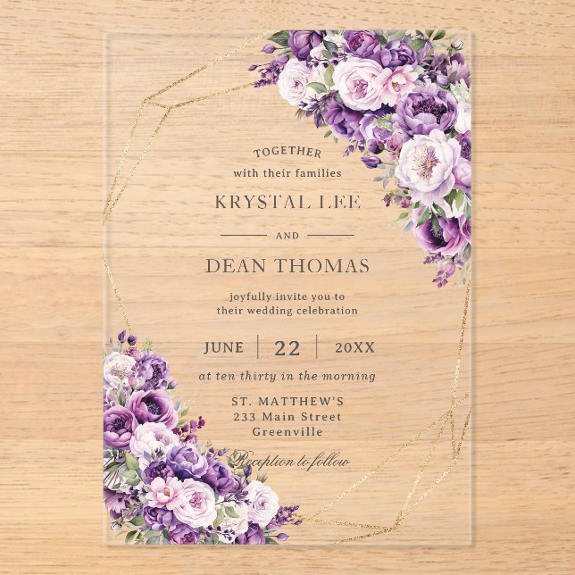 Invitations En Acrylique Elegant Dark Purple and Blush Pink Floral Wedding (Recto)