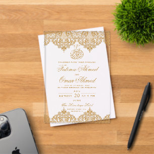 Invitations En Acrylique Élégant doré à motif de dentelle orné crème islami