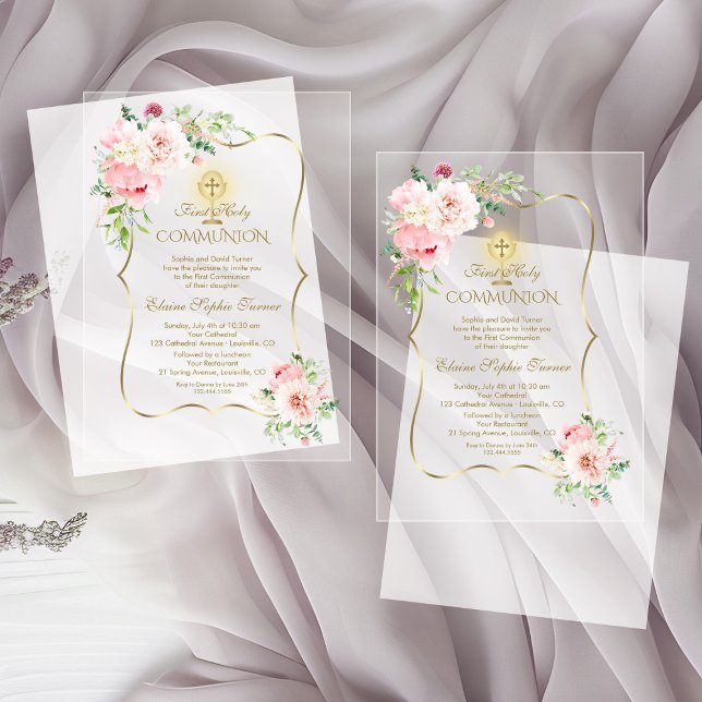 Invitations En Acrylique Élégant doré printemps Blush Floral Sainte Communi (Créateur téléchargé)