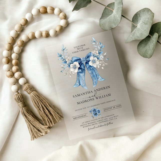 Invitations En Acrylique Elegant Dusty Blue Floral Bow Wedding (Créateur téléchargé)