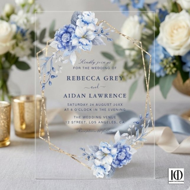 Invitations En Acrylique Elegant Dusty Blue Floral Gold Geometric Wedding (Créateur téléchargé)
