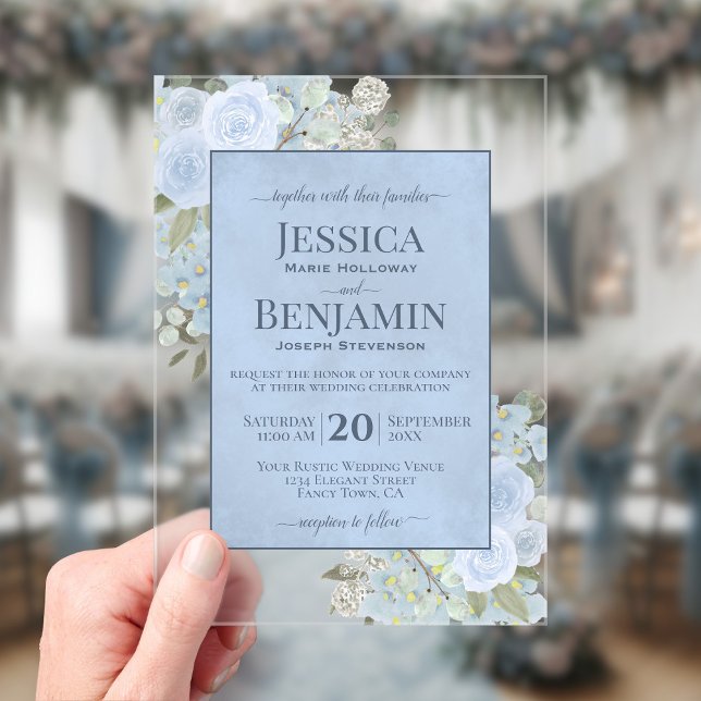 Invitations En Acrylique Elegant Dusty Blue Floral Stylish Text Wedding (Clear Acrylic with Rectangle Cut)