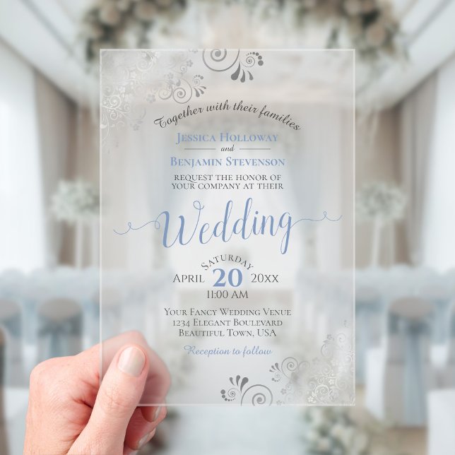 Invitations En Acrylique Elegant Dusty Blue & Silver Calligraphy Wedding (Frosted Acrylic with Rectangle Cut)