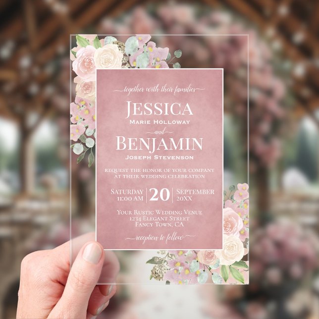 Invitations En Acrylique Elegant Dusty Rose Floral Stylish Text Wedding (Clear Acrylic with Rectangle Cut)