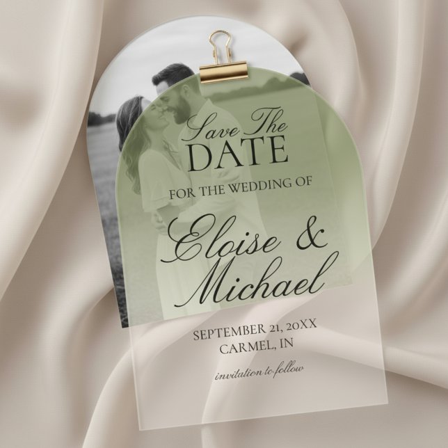 Invitations En Acrylique Élégant Écriture Dégradé Vert Faire Part de Date d (Invite guests to mark their calendars with this Elegant Script Gradient Wedding Acrylic Invitation!)