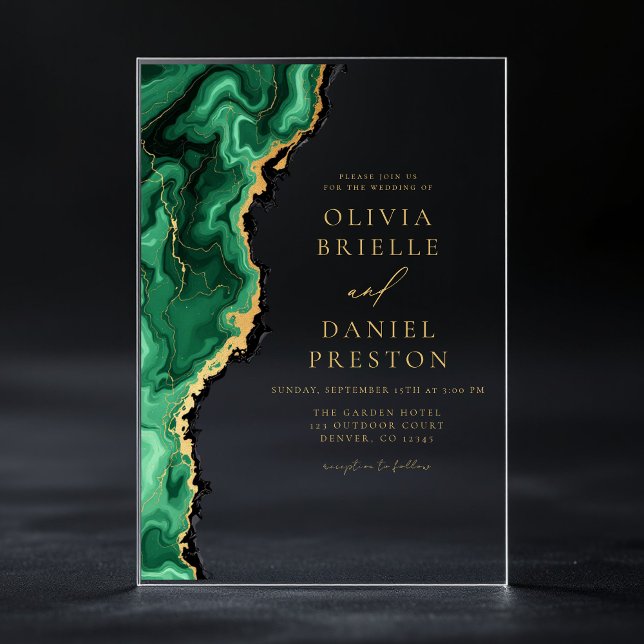 Invitations En Acrylique Élégant Emerald Green Gold Agate Mariage (Créateur téléchargé)