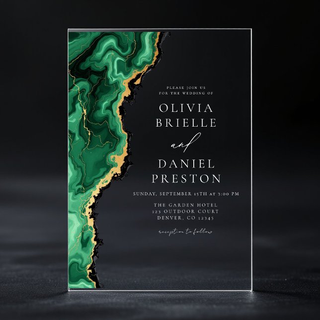 Invitations En Acrylique Élégant Emerald Green Gold Agate Mariage (Créateur téléchargé)