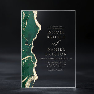 Invitations En Acrylique Élégant Emerald Green Gold Agate Mariage