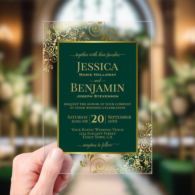 Invitations En Acrylique Elegant Emerald Green & Gold Stylish Text Wedding (Clear Acrylic with Rectangle Cut)