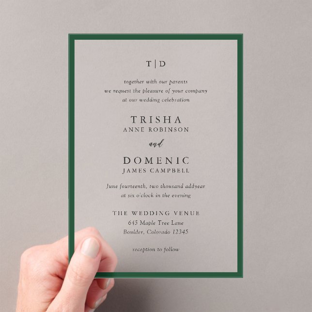 Invitations En Acrylique Élégant Emerald Green Monogram Mariage moderne (In situ (ordinateur de poche))