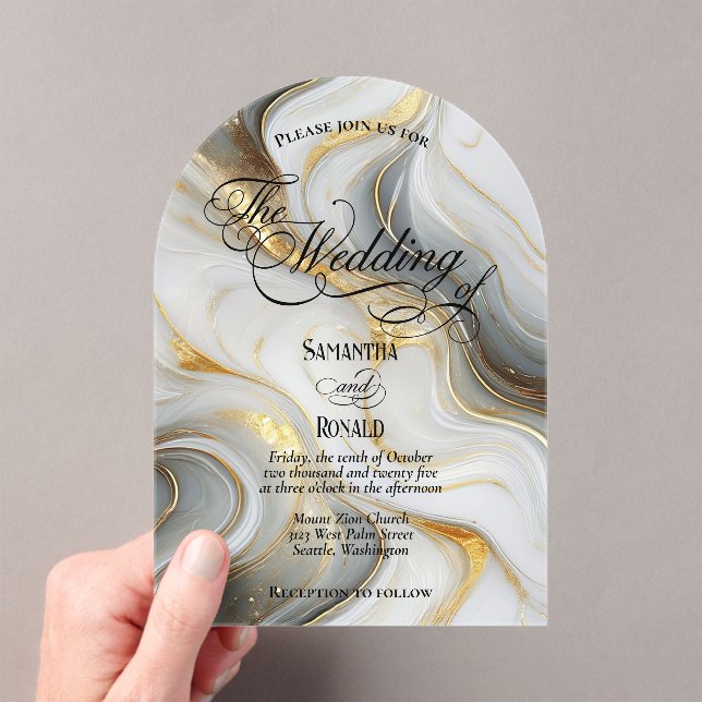 Invitations En Acrylique Elegant Faux Gold, Grey and White Marbled Wedding (In situ (ordinateur de poche))