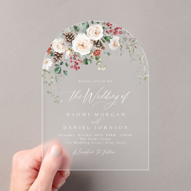 Invitations En Acrylique Elegant Festive Floral Holiday Winter Wedding (In situ (ordinateur de poche))