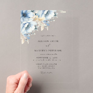 Invitations En Acrylique Élégant Fleur Bleue Géométrique Cadre Fleurir Mari