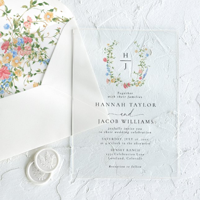 Invitations En Acrylique Élégant Fleur sauvage Floral Monogram Mariage (Créateur téléchargé)