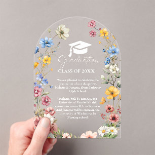 Invitations En Acrylique Élégant Fleur sauvage Meadow Garden Twin Graduatio
