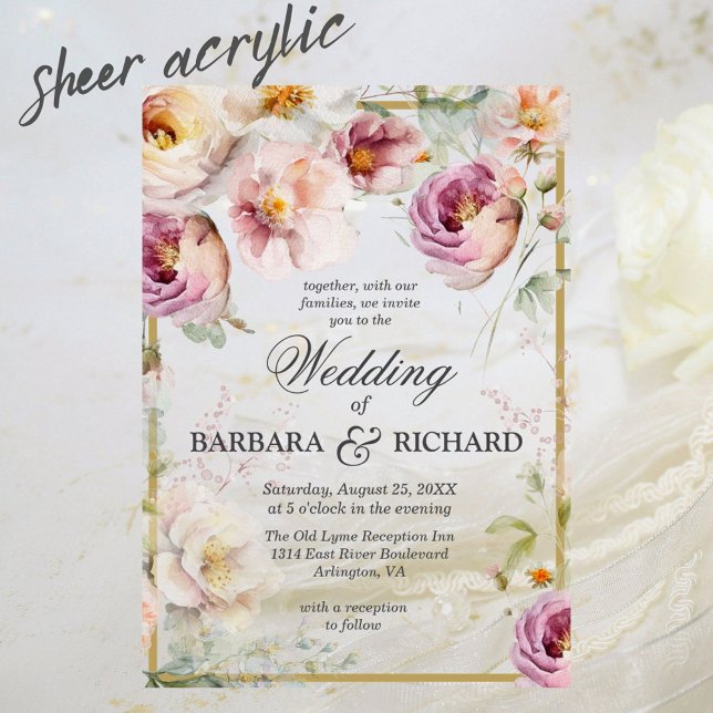 Invitations En Acrylique Élégant Fleur sauvage rose  Floral Mariage aquarel (Créateur téléchargé)