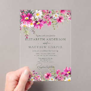 Invitations En Acrylique Élégant Fleur sauvage rose vif Mariage floral