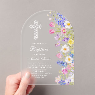 Invitations En Acrylique Élégant Fleurs de Prairie Fraîches Arche Baptême
