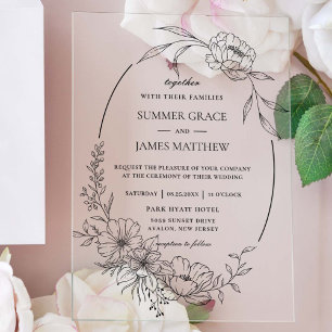 Invitations En Acrylique Élégant Fleurs Florales Art Botanique Ligne Mariag