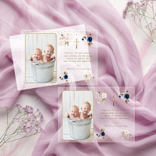 Invitations En Acrylique Élégant Fleurs Roses Bleues Or Jumelles Photo Bapt