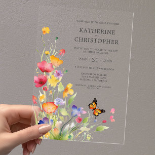 Invitations En Acrylique Élégant Fleurs Sauvages Colorées Papillon Mariage
