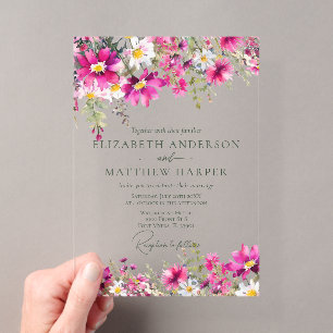 Invitations En Acrylique Élégant Fleurs Sauvages Rose Clair Mariage Floral
