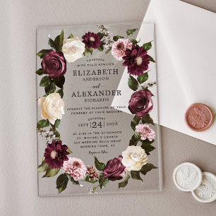 Invitations En Acrylique Élégant Fleurs Sombres Mariage Bordeaux