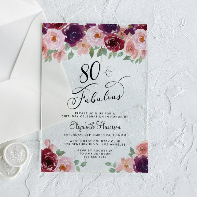 Invitations En Acrylique Elegant Floral 80th Birthday Party (Créateur téléchargé)