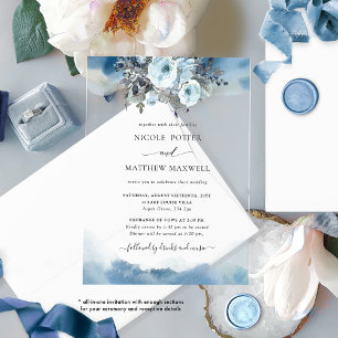 Invitations En Acrylique Élégant floral aquarelle bleue tout-en-un mariage