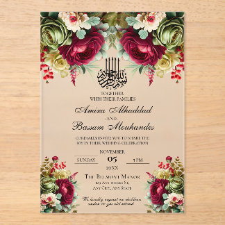 Invitations En Acrylique Élégant Floral Bourgogne Rose Mariage islamique